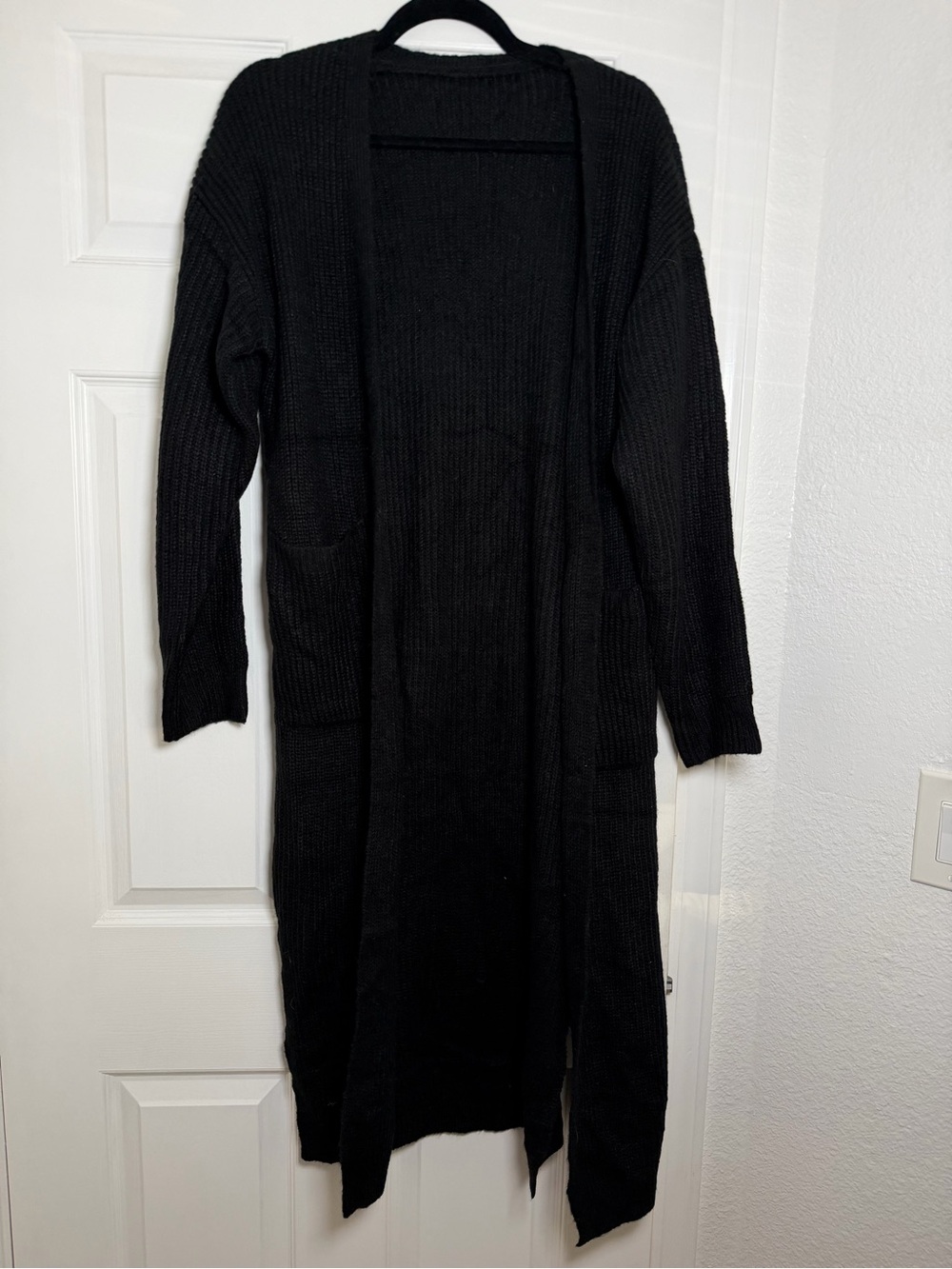 Romanstii Black Maxi Longline Cardigan Sweater Open Front Pockets M - Picture 2 of 6